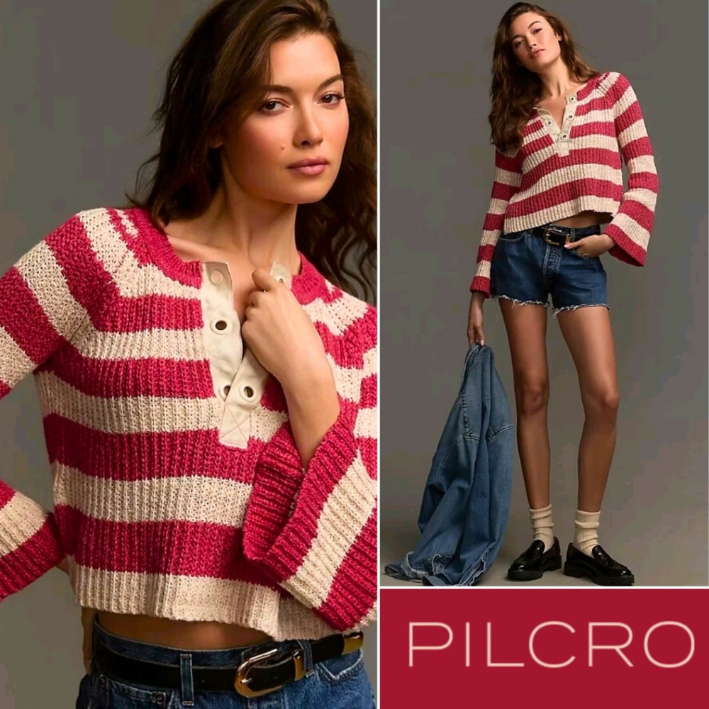 ANTHROPOLOGIE Pilcro Bell-Sleeve Henley Sweater Red & Cream Stripes V-Neck Sz M